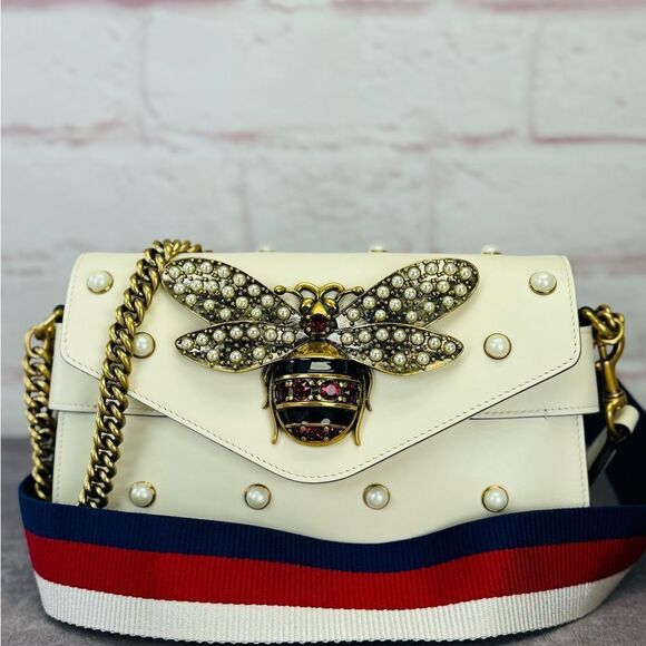 Gucci Rare Queen Margaret Pearl Web Nappa Leather Flap Broadway Bag - Picture 1 of 15